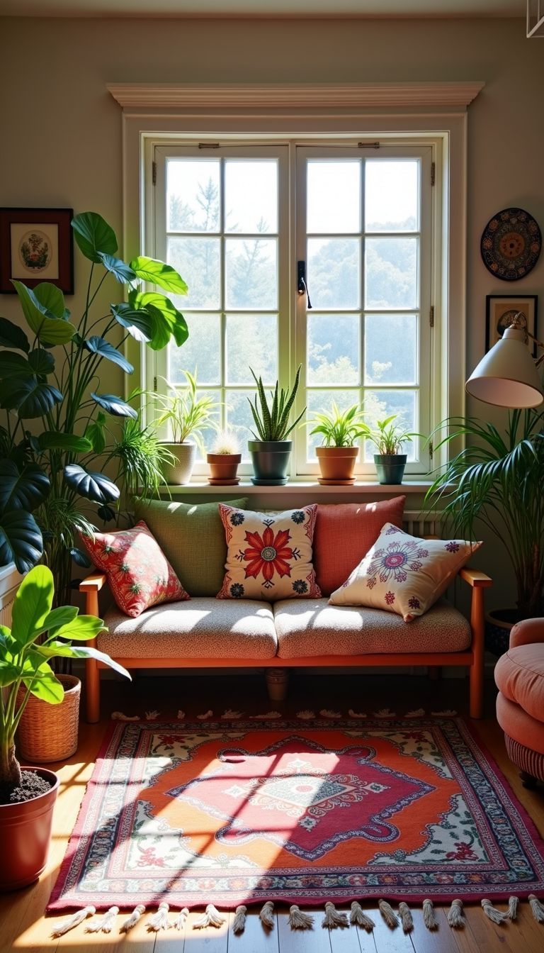 A cozy boho bedroom with colorful cushions, vintage rugs, and potted plants.