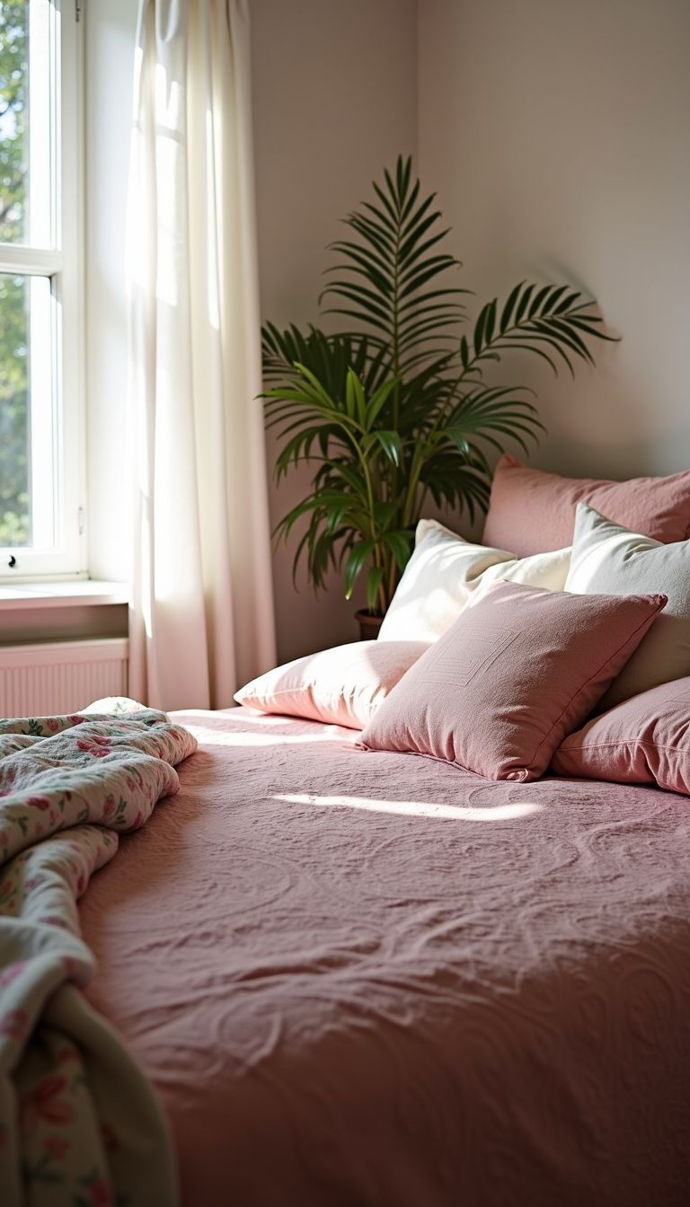 Cozy bedroom with pink quilt, floral pillows, and soft blankets.