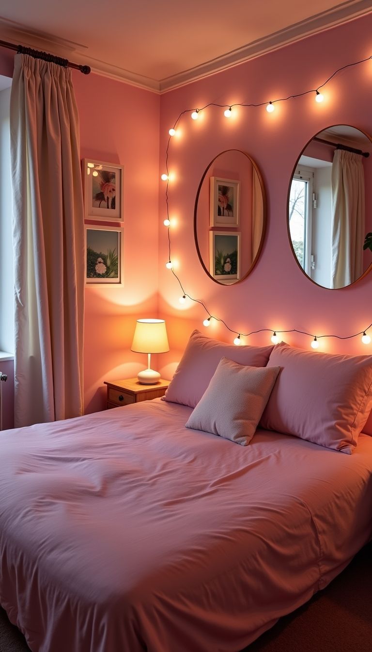 A cozy pink bedroom with warm lighting and inviting decor.