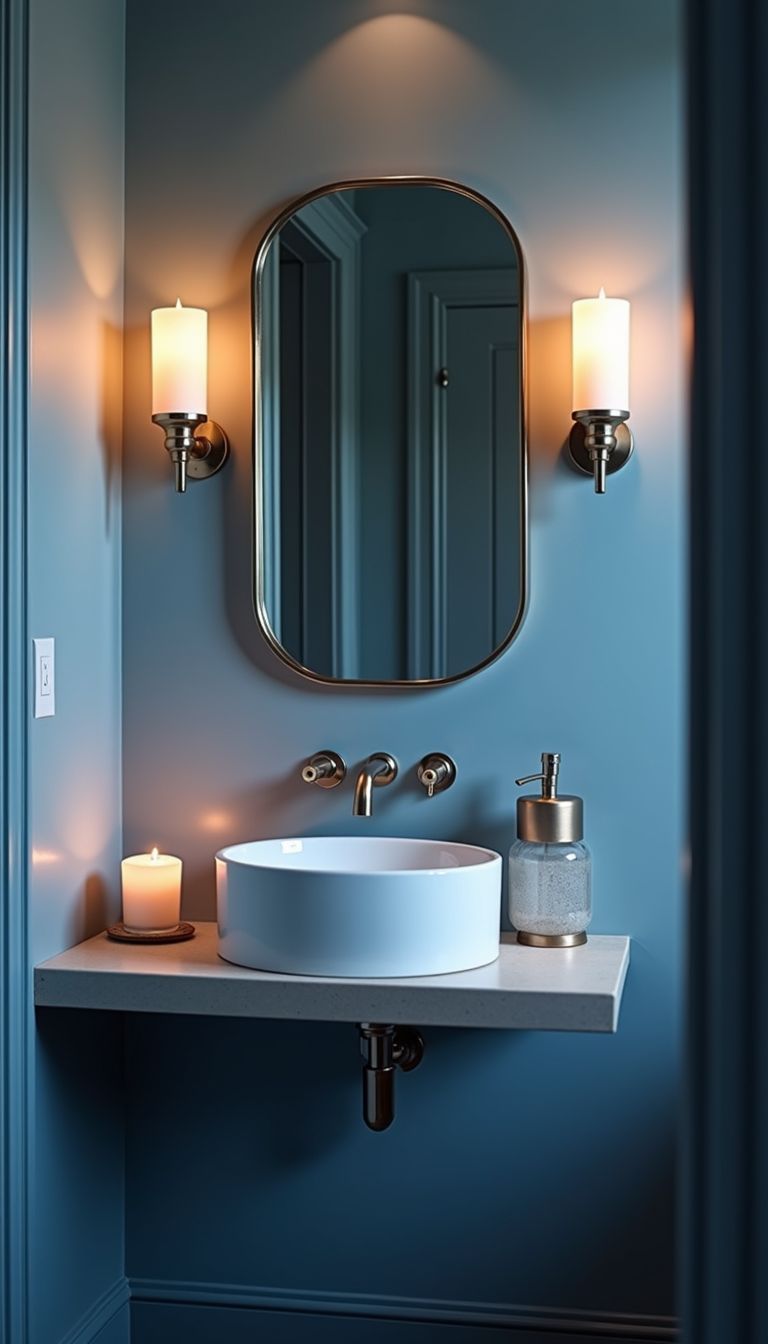 A cozy blue and grey bathroom with candles and fragrance diffusers.