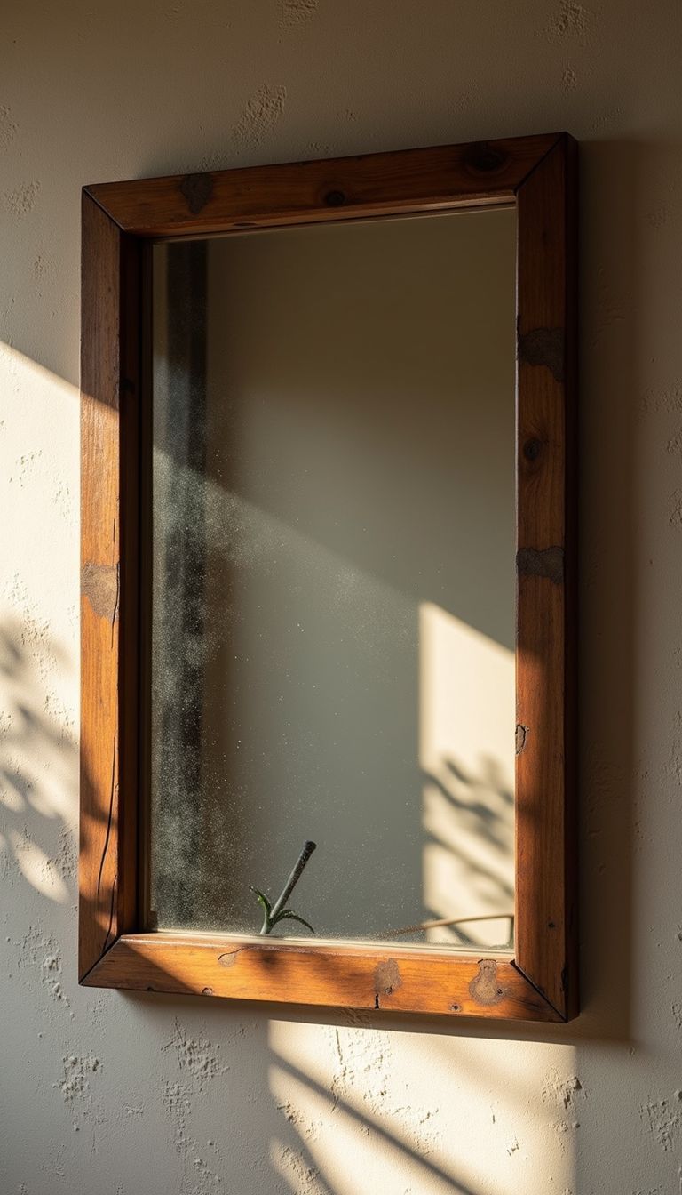 A rustic wooden-framed mirror hanging on a textured wall.