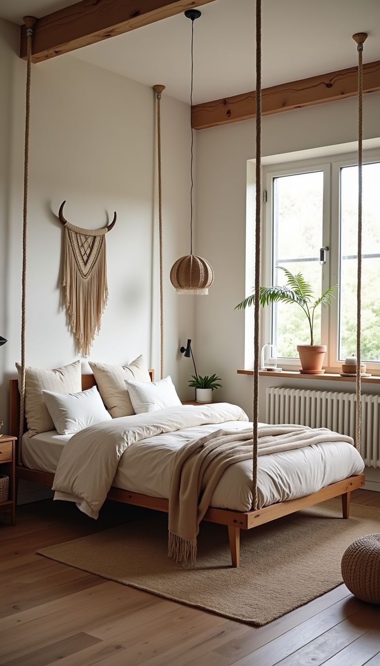 A boho-style bedroom with a low bed frame suspended from ropes.