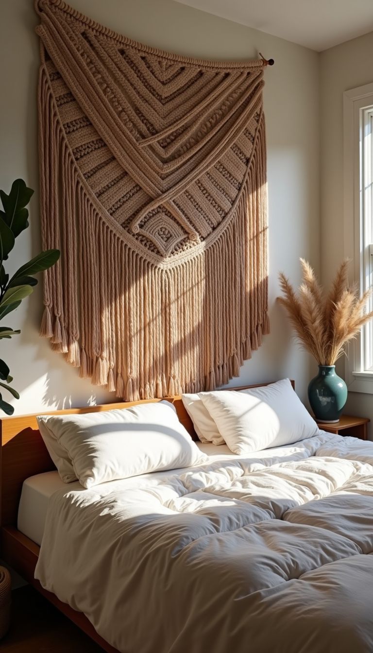 A bohemian style bedroom with a large macramé wall hanging.