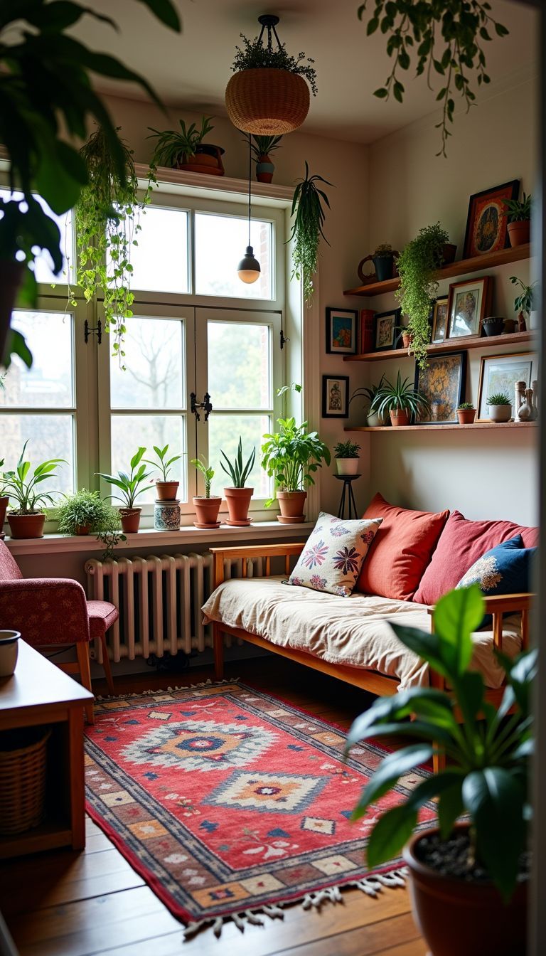 A cozy boho-style living room with plants, art, and colorful decor.