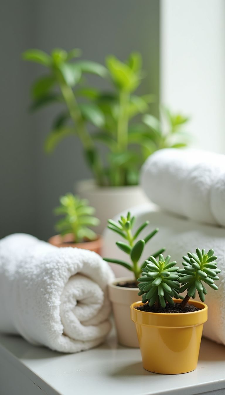 A close-up photo of miniature artificial plants and towels in bathroom.