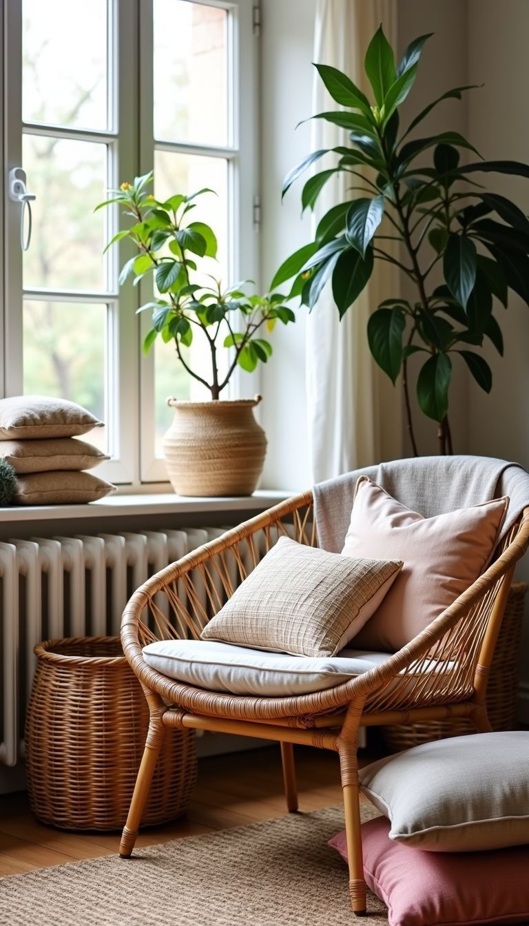 A cozy living room with rattan chair and boho decor.