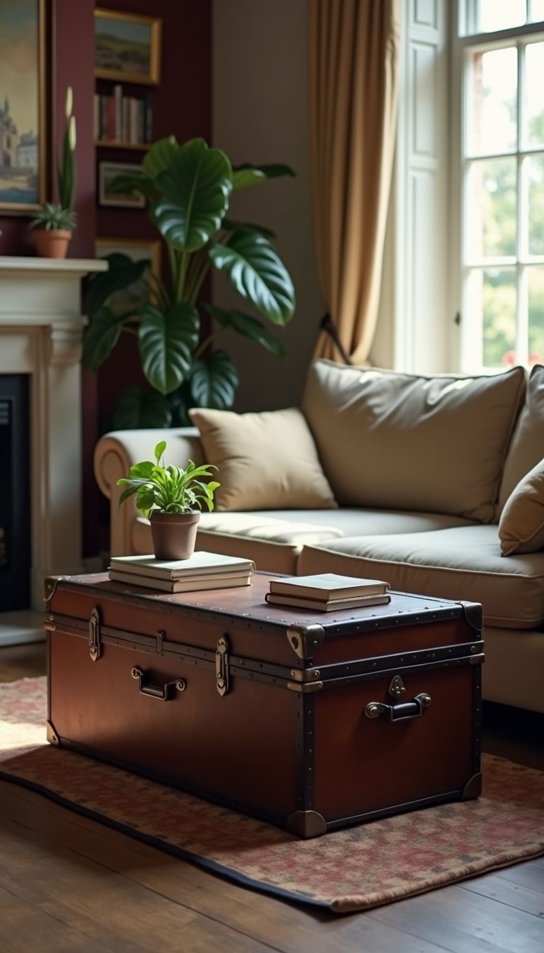 A vintage trunk serves as a coffee table in a cozy living room.