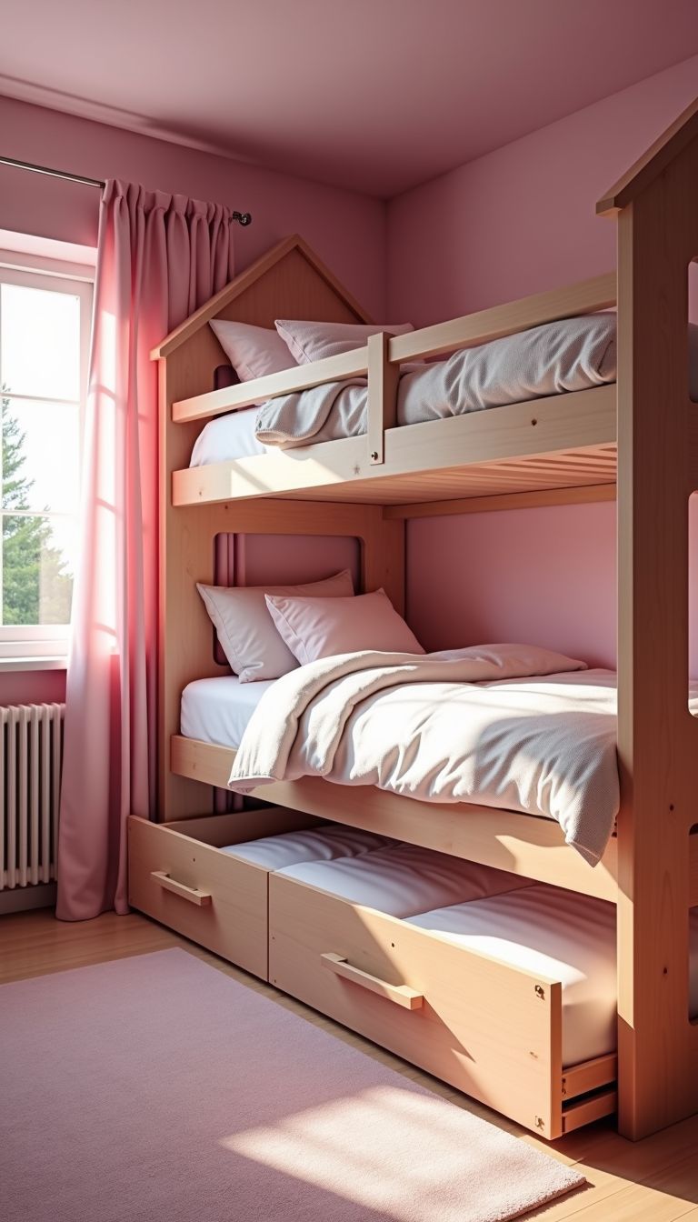 A cozy pink bedroom featuring house-shaped bunk beds and muted tones.