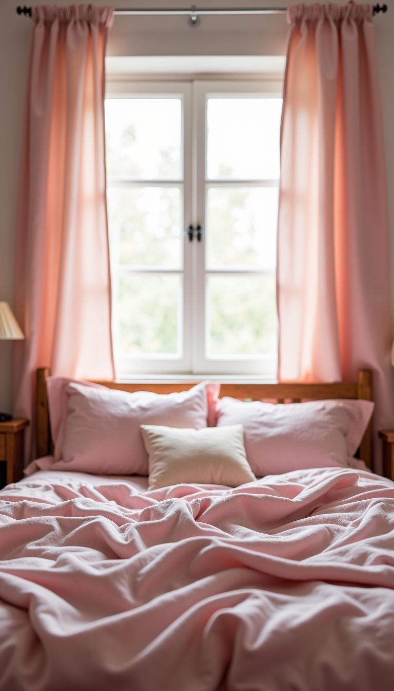 A cozy, soothing bedroom with pastel pink decor and natural light.