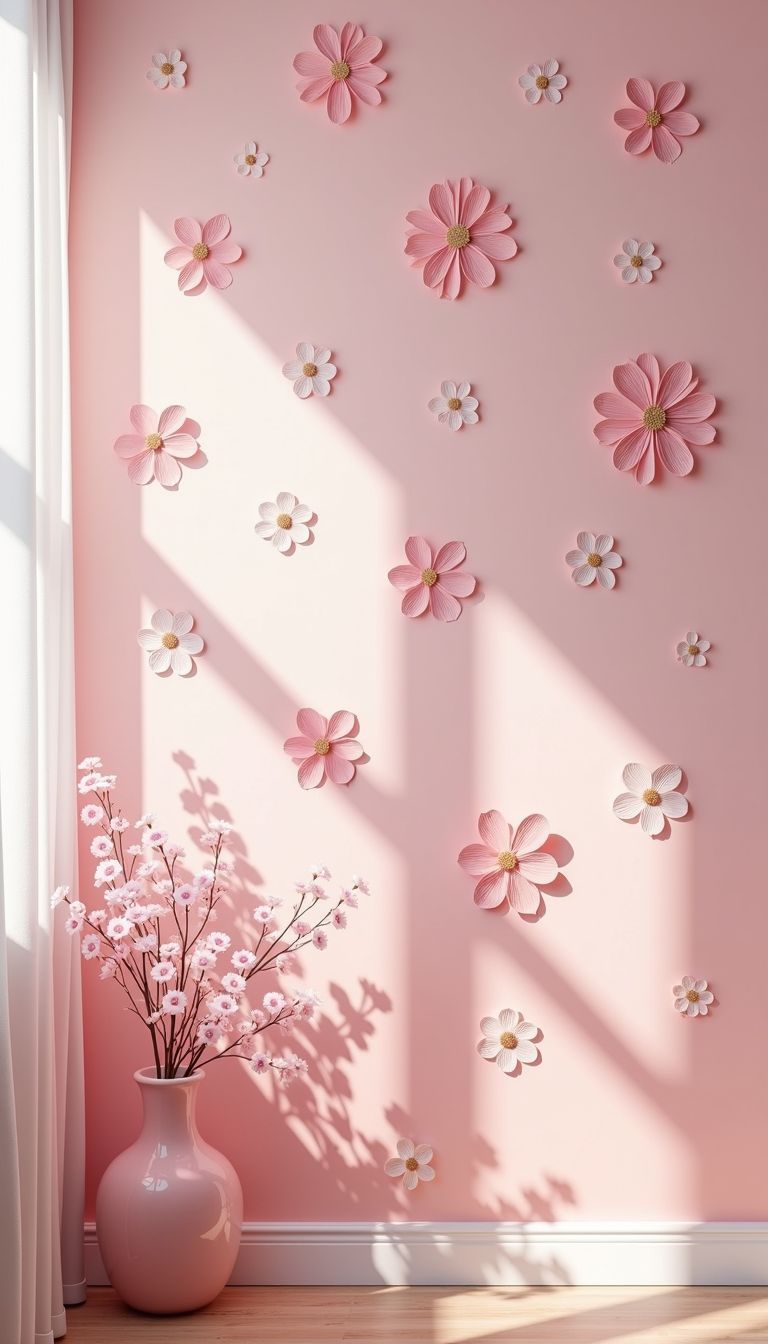 A bright wall with pink flower and geometric decals.