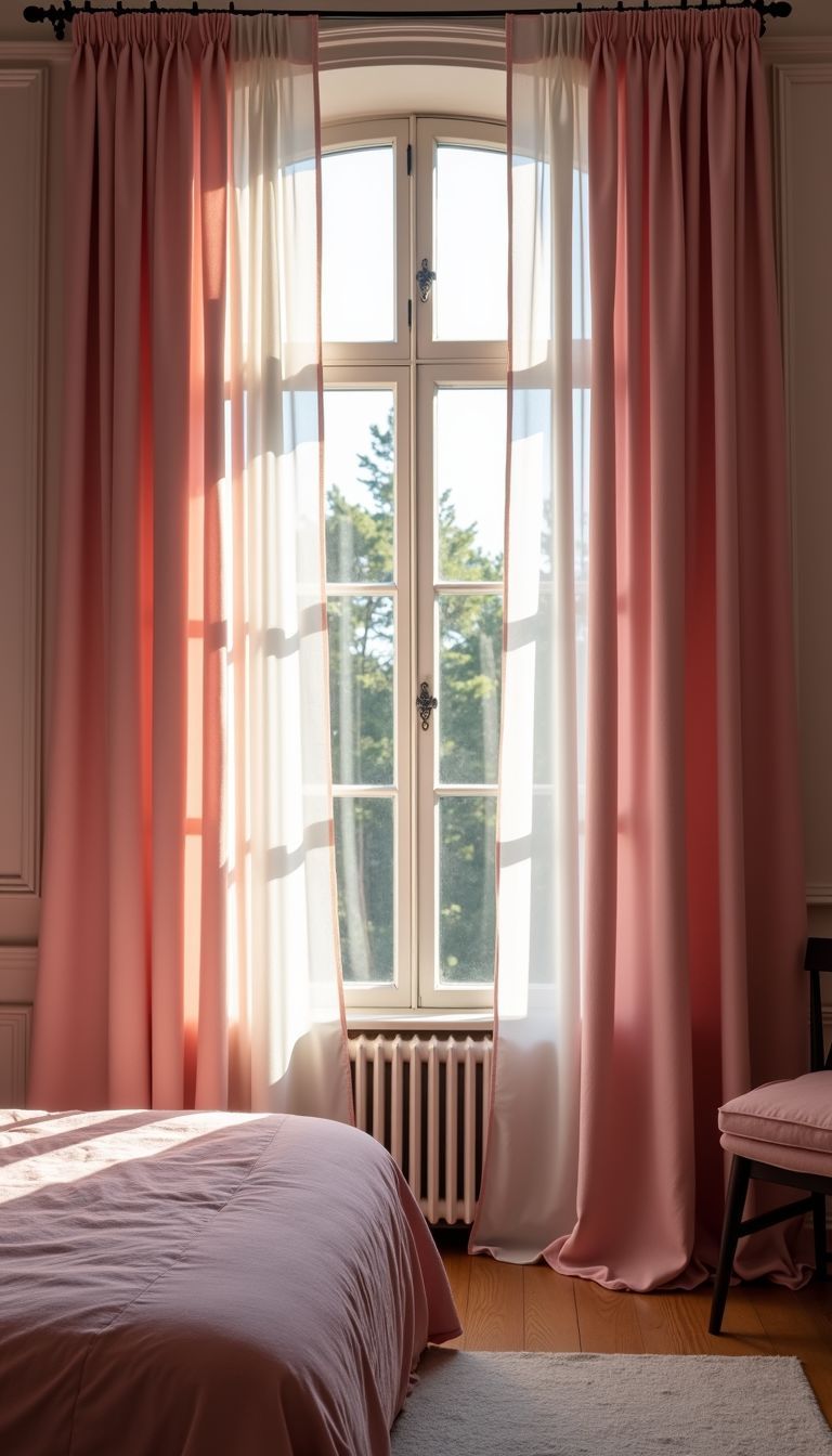 A cozy bedroom with tall, pink velvet curtains and natural light.