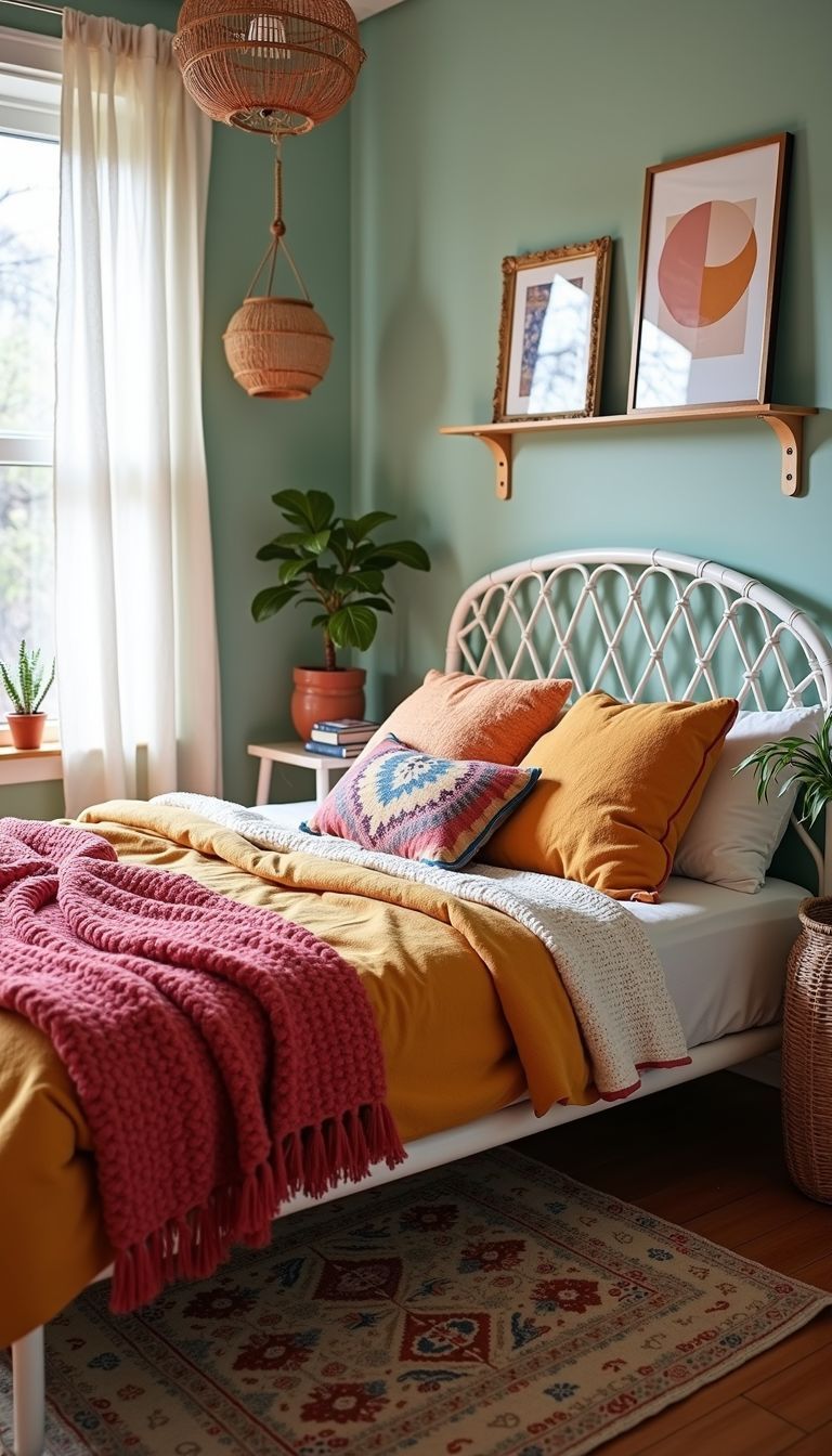 A cozy boho bedroom with a white rattan bed and vibrant textiles.