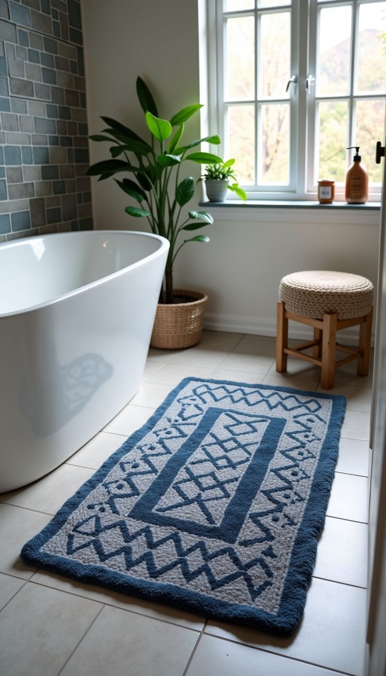 A navy blue and gray boho bath mat on a tiled floor.