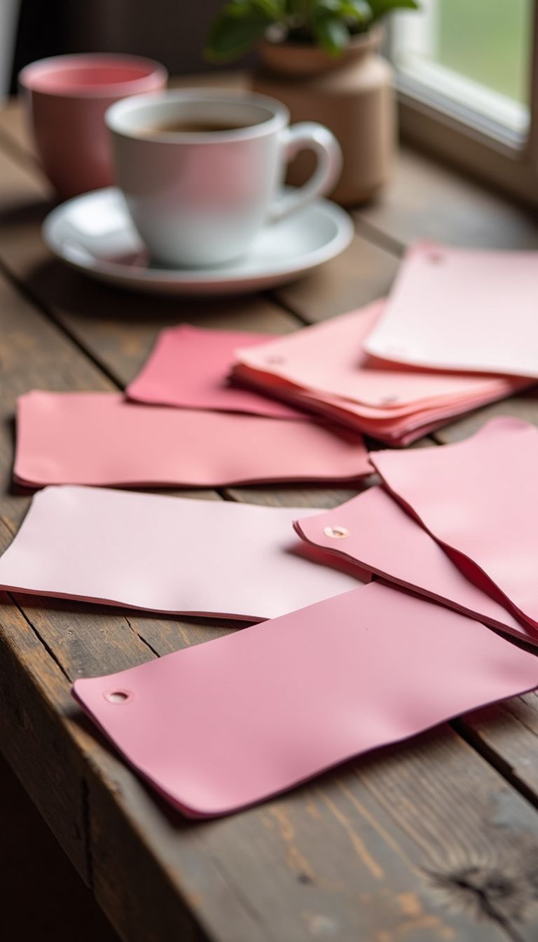 A collection of pink paint swatches spread out on a wooden table.