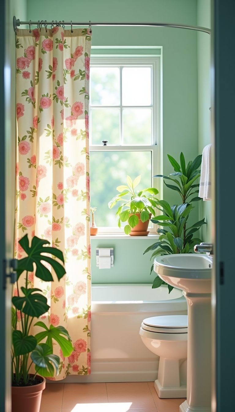 A bright and airy bathroom with a floral shower curtain and plants.