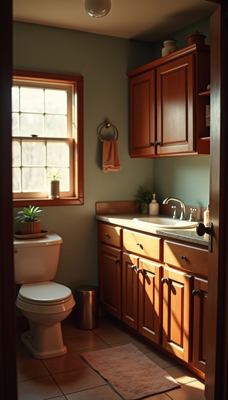 A cozy small bathroom with wooden cabinets and tiles.