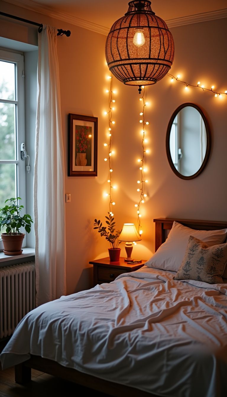 A cozy, well-lit bedroom with fairy lights and boho chandelier.