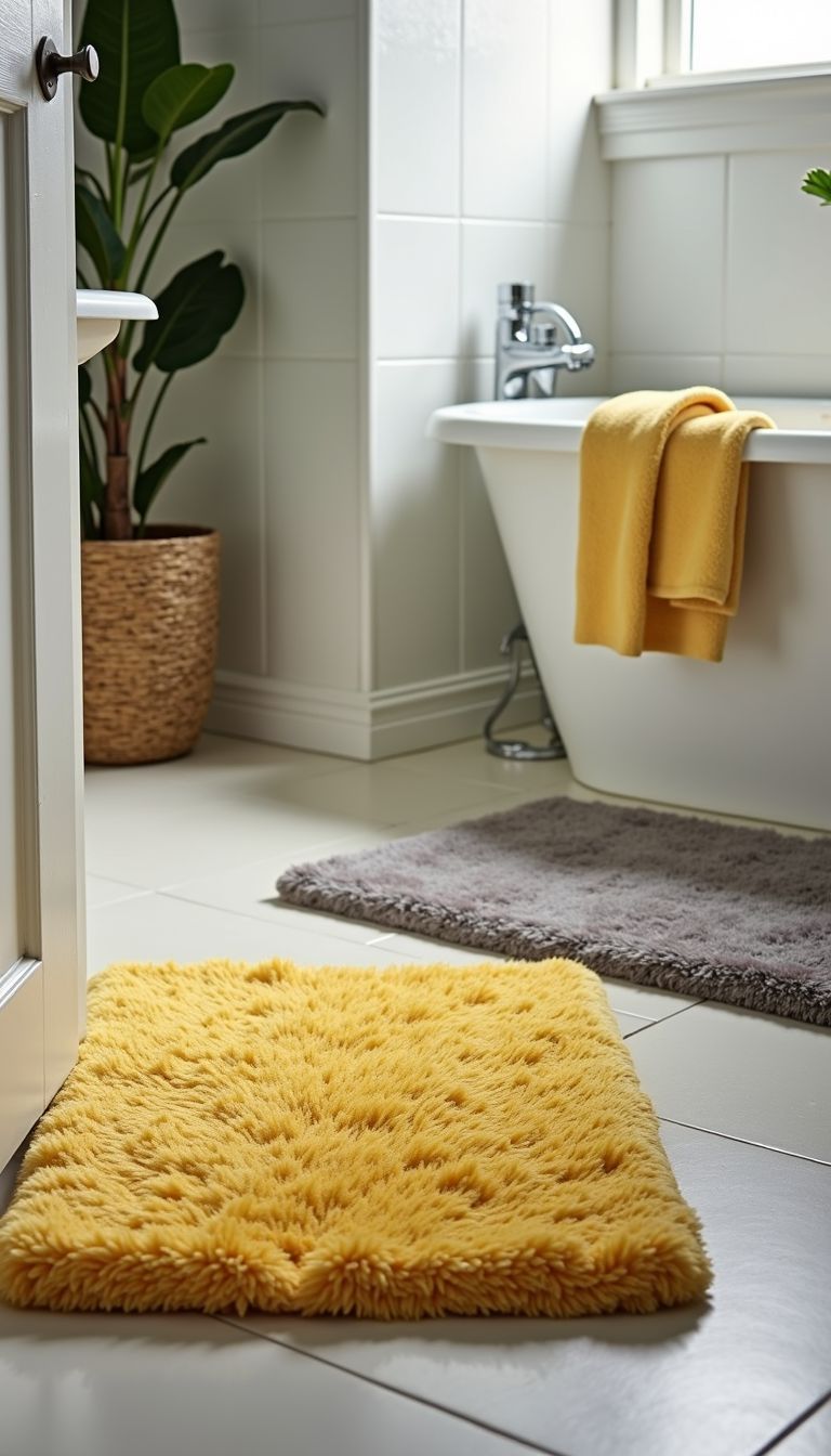 A cozy yellow bathroom rug and gray mat on clean tiled floor.