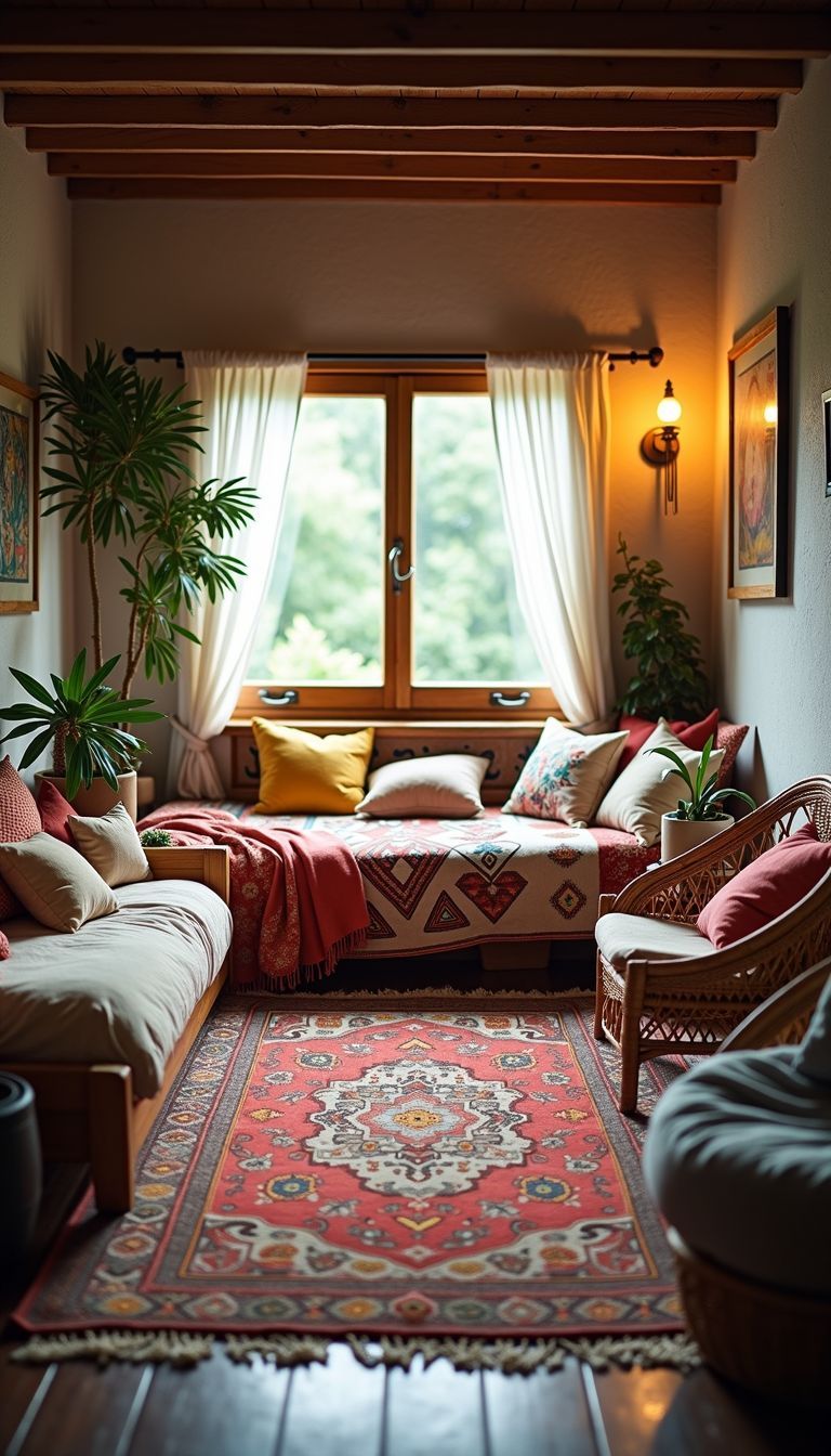 A cozy bohemian-style bedroom with natural light and colorful decor.