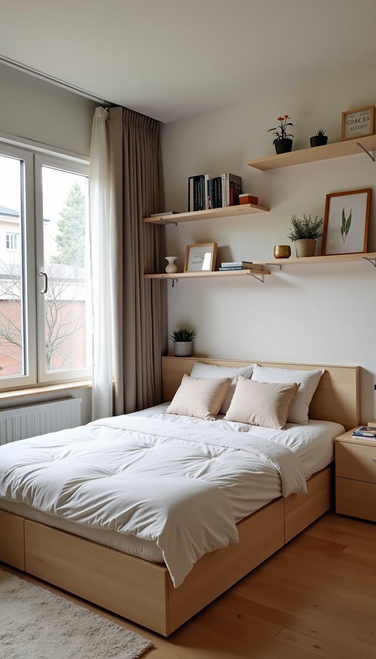 A tidy bedroom with multi-functional furniture and minimal decor.