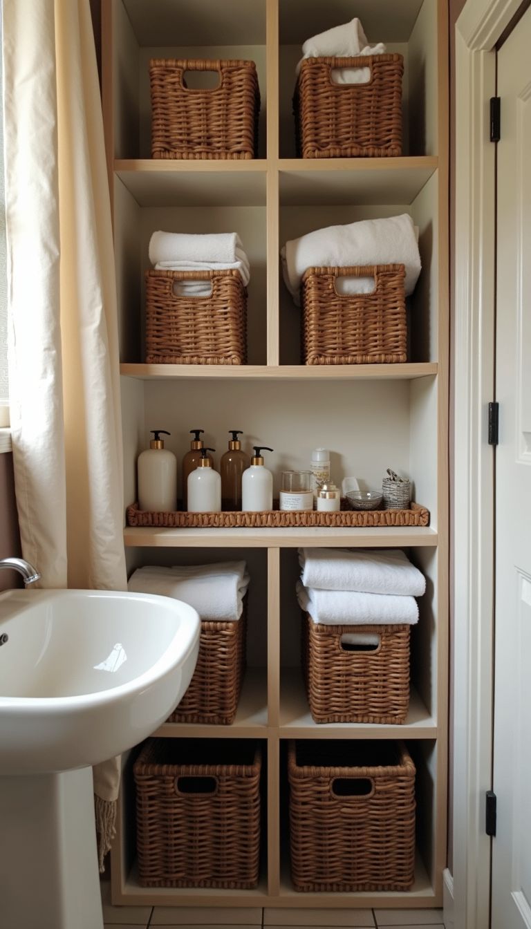 Neatly organized small bathroom with bamboo trays and wicker cubbies.