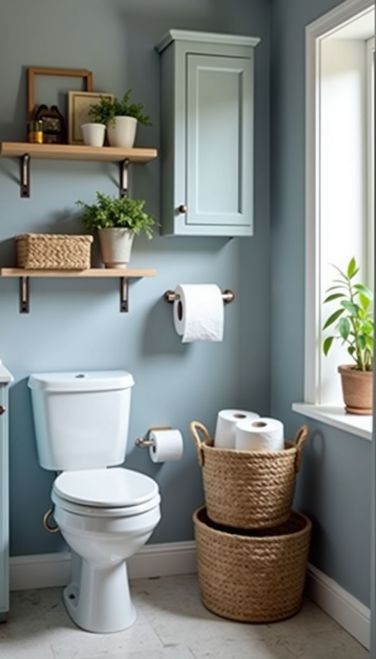 A stylish bathroom with blue pine bath roll holder, open shelves, and wall-mounted cabinet.