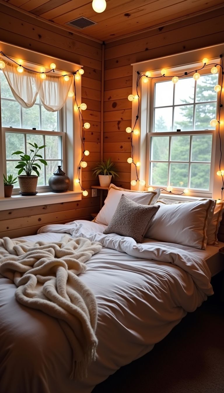 A cozy boho-inspired bedroom with globe string lights and natural light.