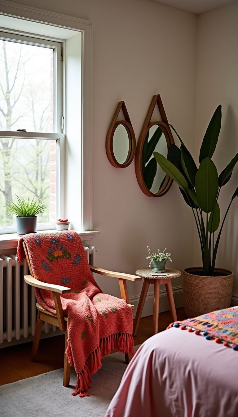 A cozy Boho-style bedroom with vibrant tasseled throws and wall mirrors.