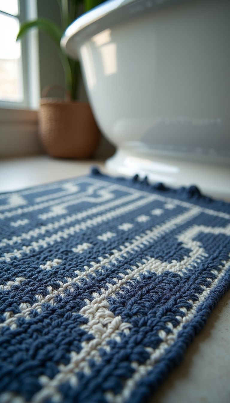 A close-up of a navy blue and gray Boho bath mat in a small bathroom.