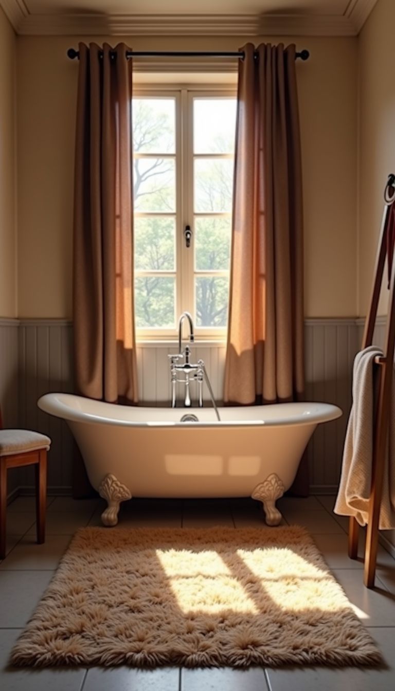 A cozy and stylish bathroom with natural light and warm tones.