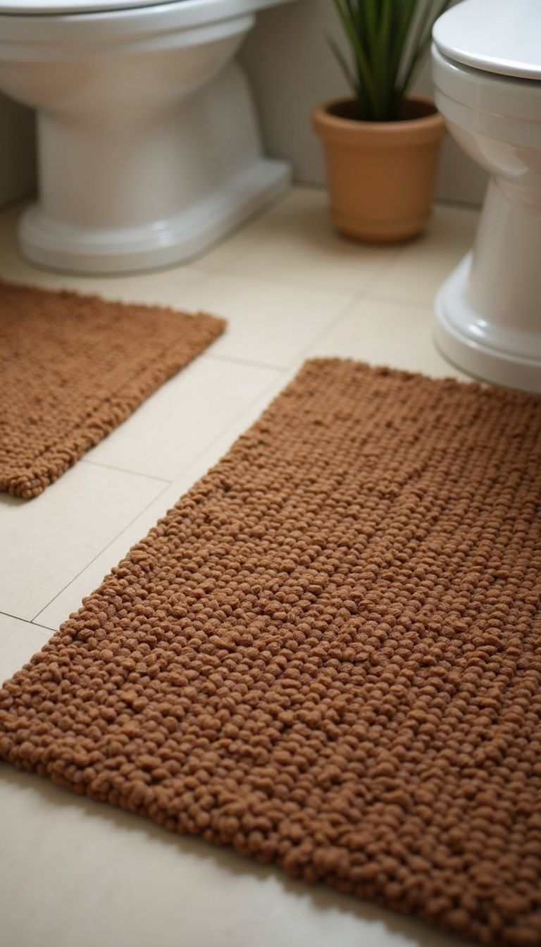 A close-up of a bamboo bath mat in a cozy bathroom setting.