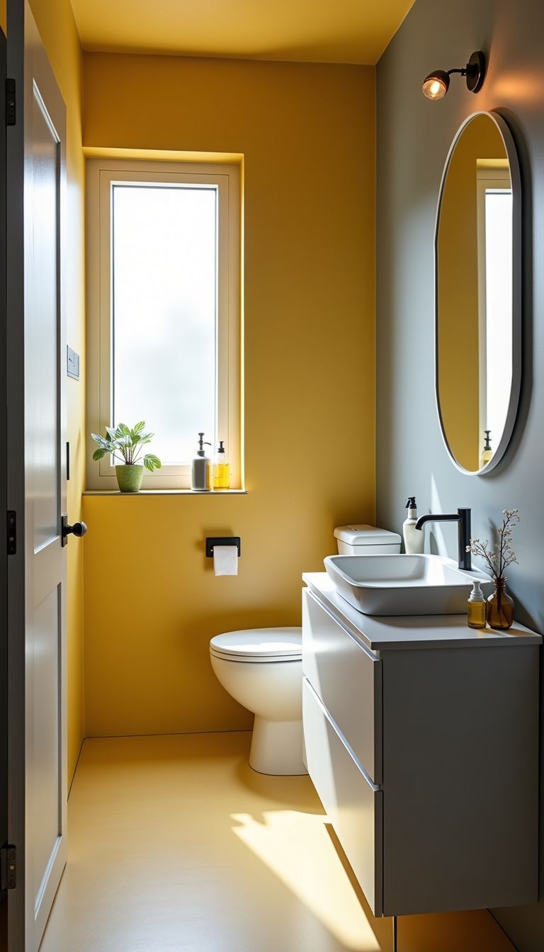 A small bathroom with a calming yellow and grey color scheme.