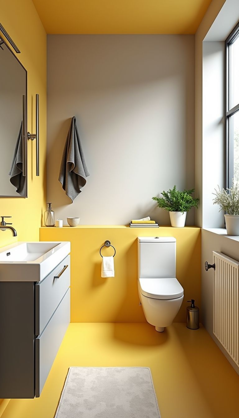 A stylish, calming bathroom with yellow and grey decor accents.