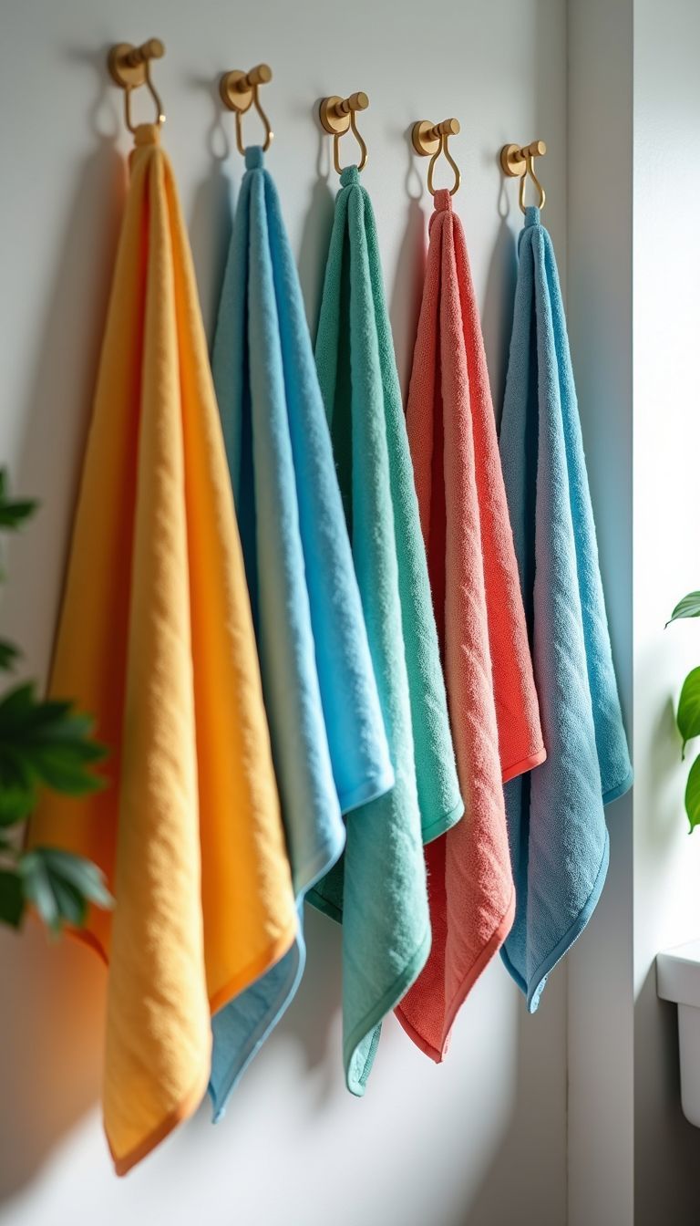 A modern, organized bathroom with neatly arranged colorful towels.