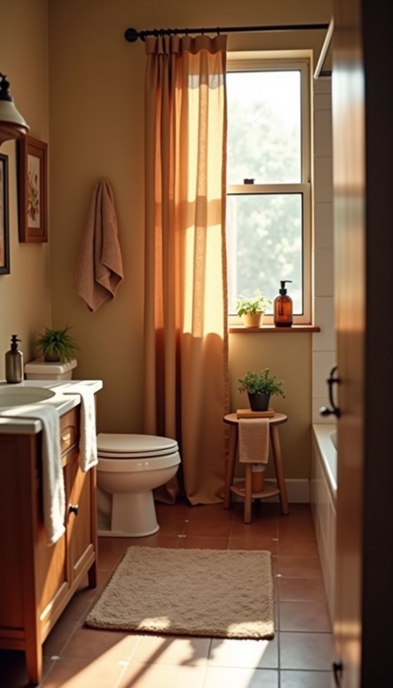 A cozy bathroom with earthy brown towels and soap dispensers.