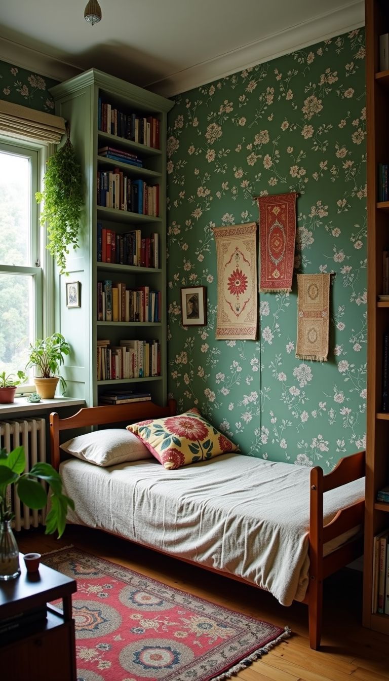 A small, cozy bedroom with botanical wallpaper, bookshelves, and plants.