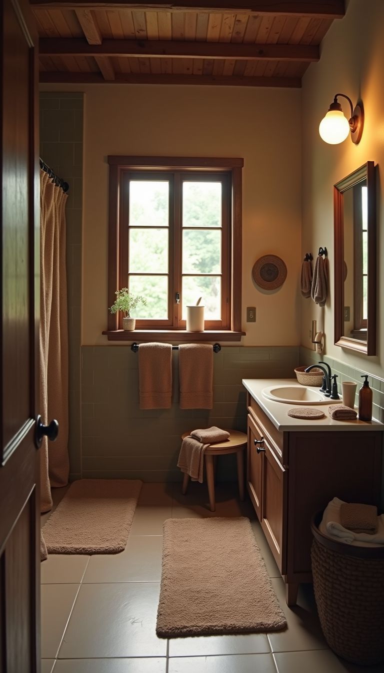 A rustic bathroom with large brown-framed mirror and warm decor.