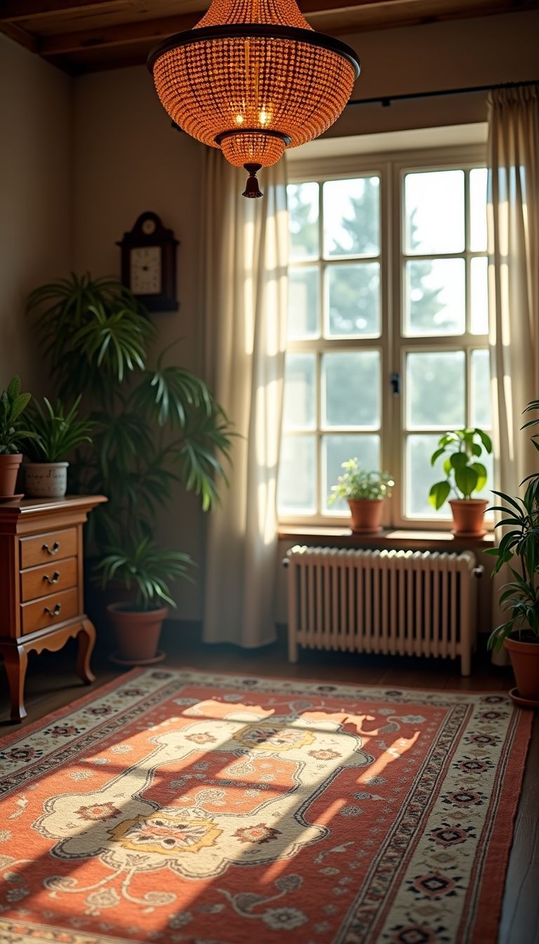 A vintage rug with detailed patterns in a cozy, inviting room.