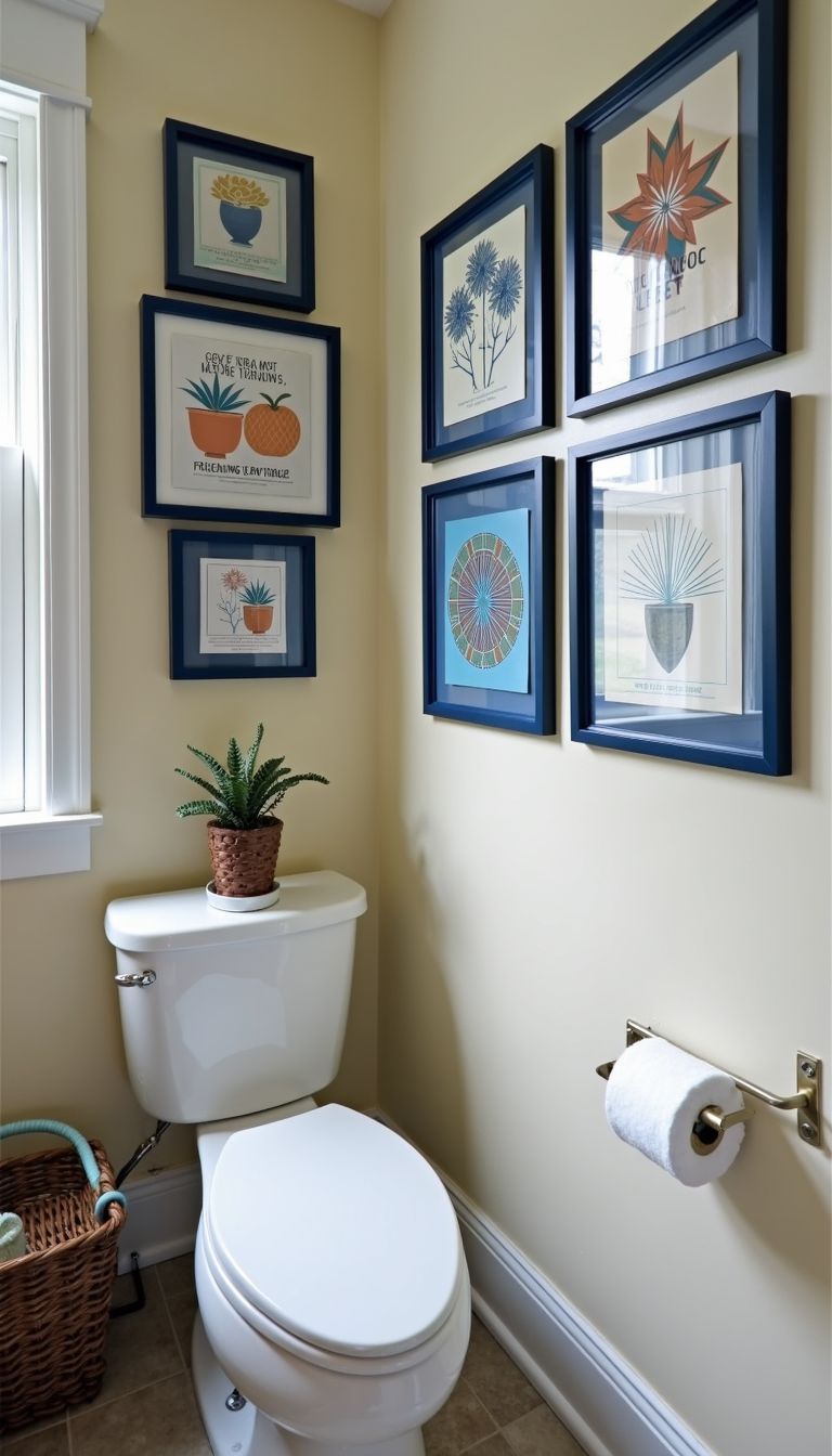 A small bathroom with matching navy blue framed canvas wall art.