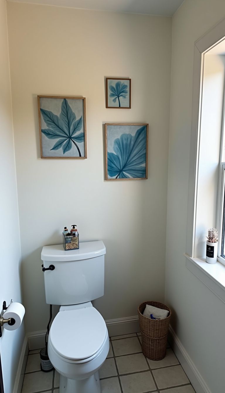 A small bathroom with blue and grey art pieces on the walls.