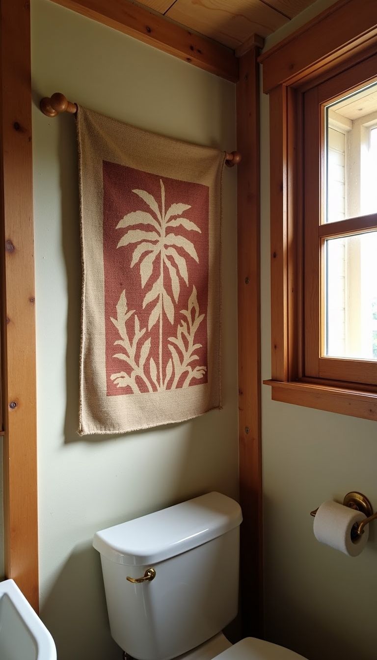 A earthy-toned tapestry with wooden frame on a bathroom wall.