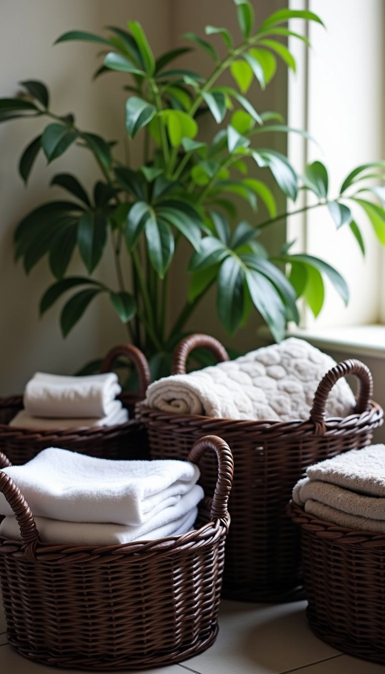 A cozy bathroom with neatly folded towels and wicker baskets.