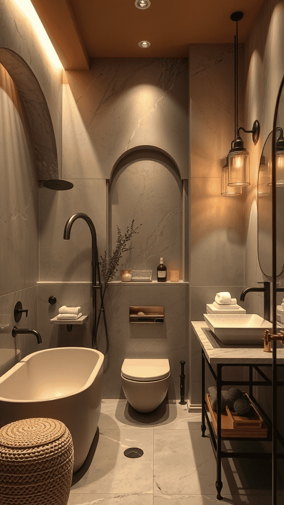 A modern bathroom with warm accent lighting and stylish decor.