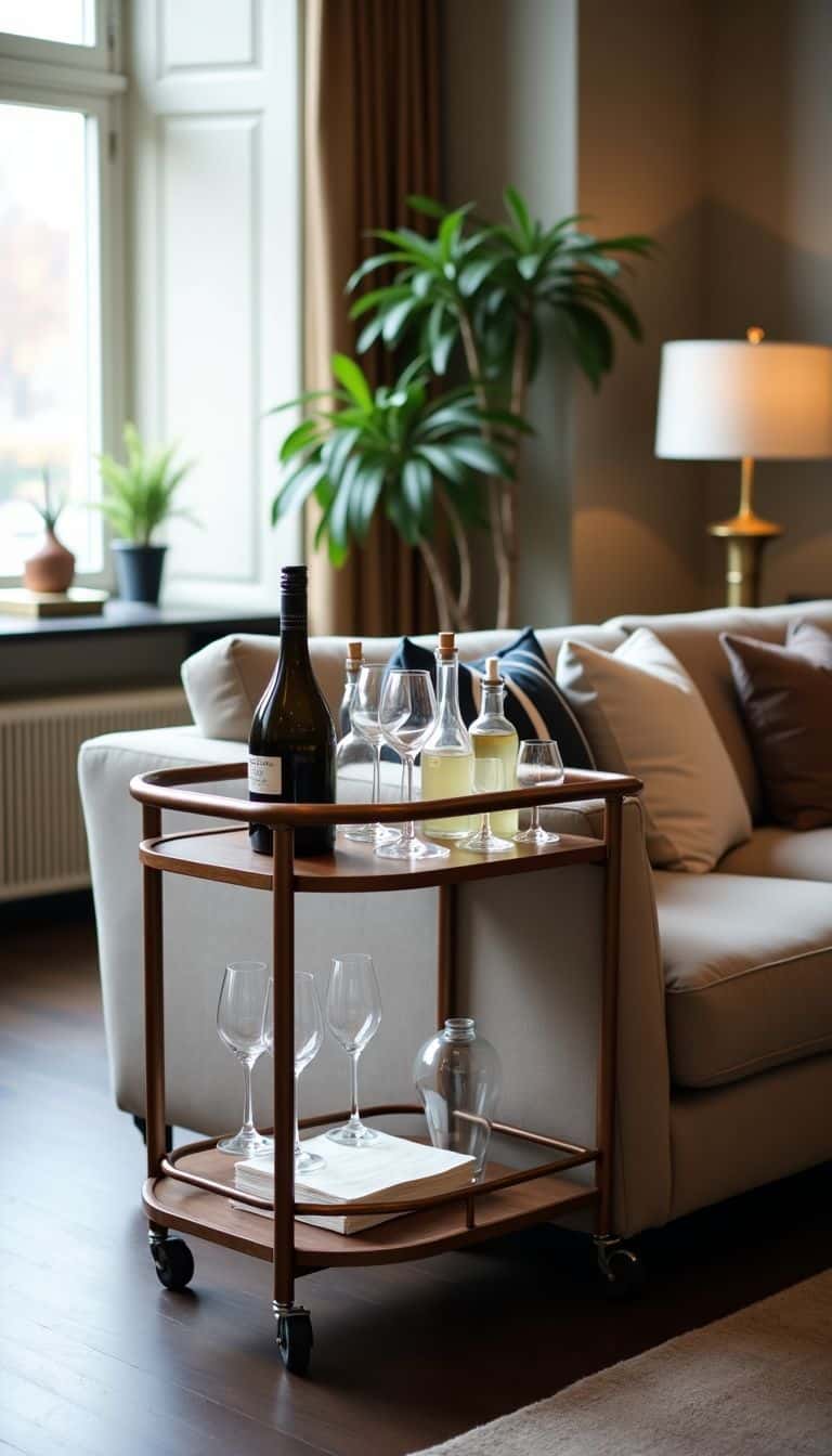 A stylish bar cart and cozy living room with muted tones.