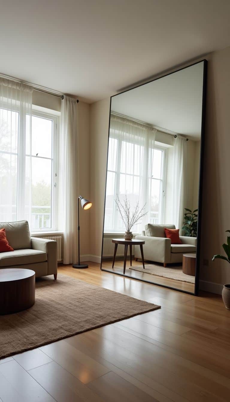 A modern living room with a large stylish mirror and natural light.