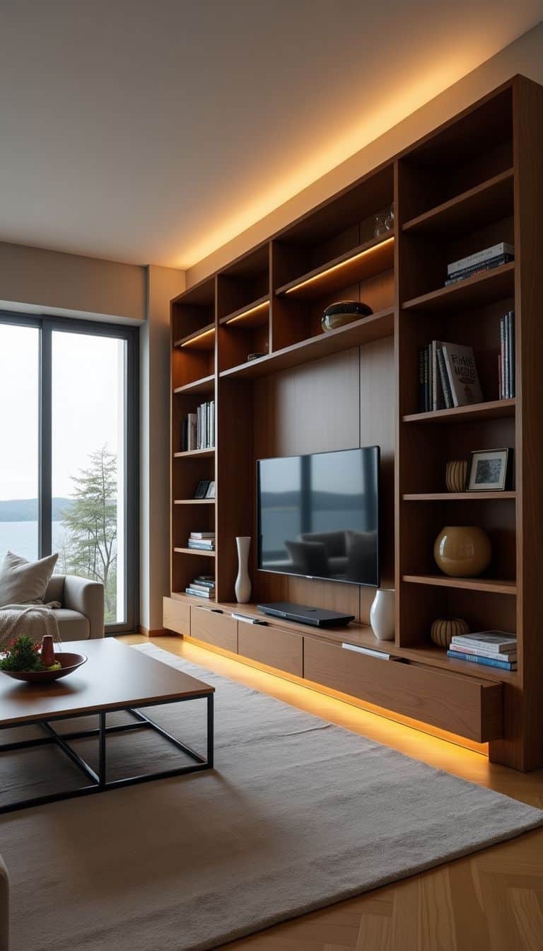 A contemporary living room with tall bookshelves, sliding doors, and flexible space.