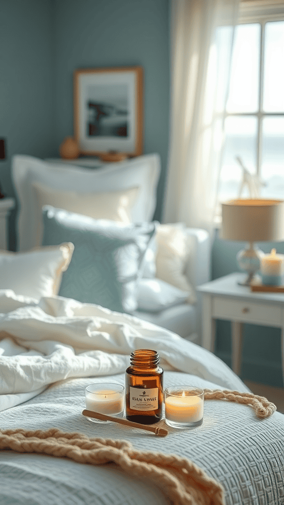 A cozy bedroom with candles and a sea breeze scent.