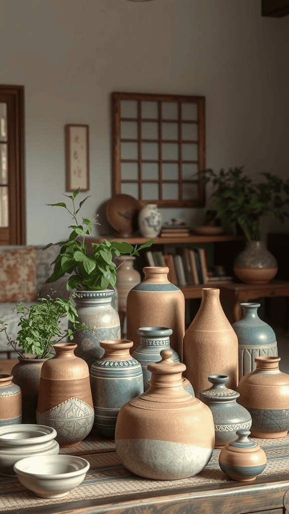 A variety of artisan handmade pottery displayed on a table with plants in a cozy interior.