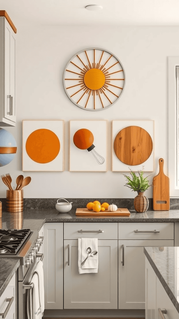 A kitchen featuring colorful wall decor with circular designs and a sun motif, complementing modern kitchen elements.