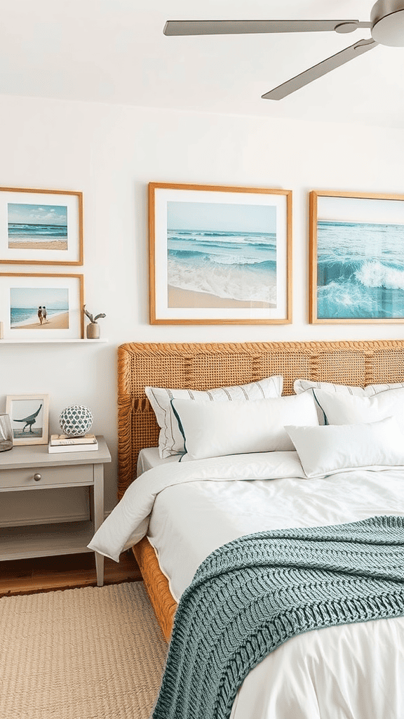 Beach-inspired wall art featuring ocean and shore photographs in a cozy bedroom setting.